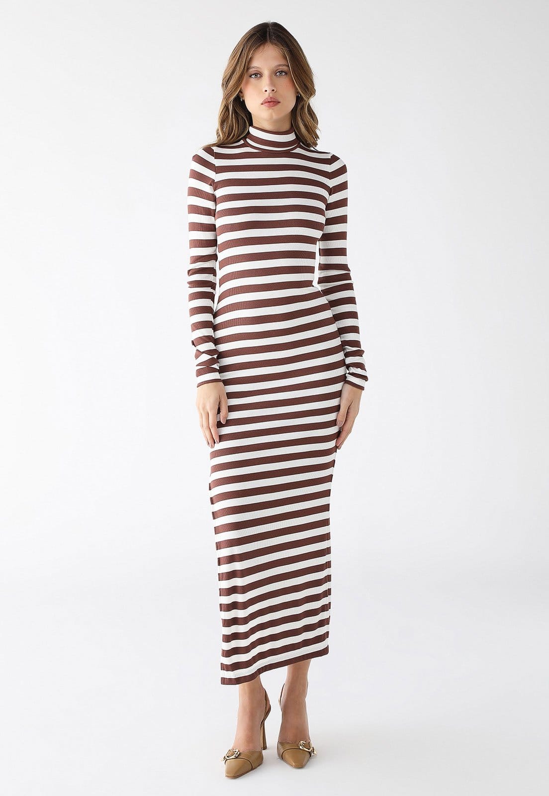 Vestido Longo Levosch Gola Alta Fenda Lateral Ribana Premium Listrado