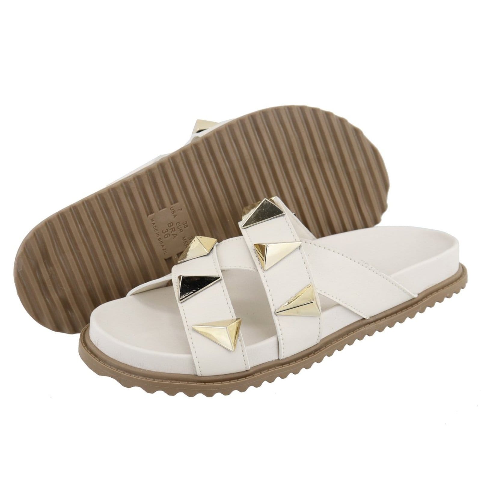 Vista 2 Sandalia Papete Rasteira Flat Feminina Off White Piramides TELLINI STORE off-white white