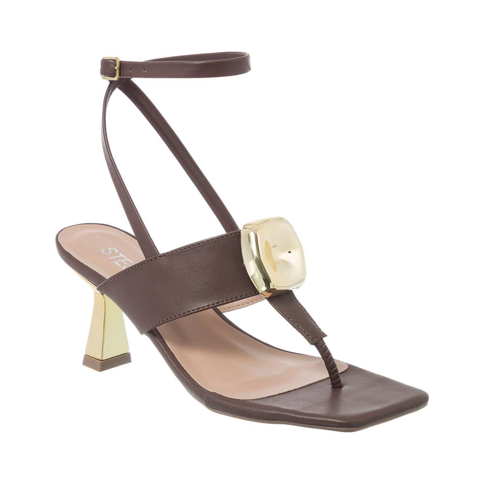 Sandália Feminina Stessy Shoes Salto Taça Baixo Enfeite Bloco Casual Luxo Marrom