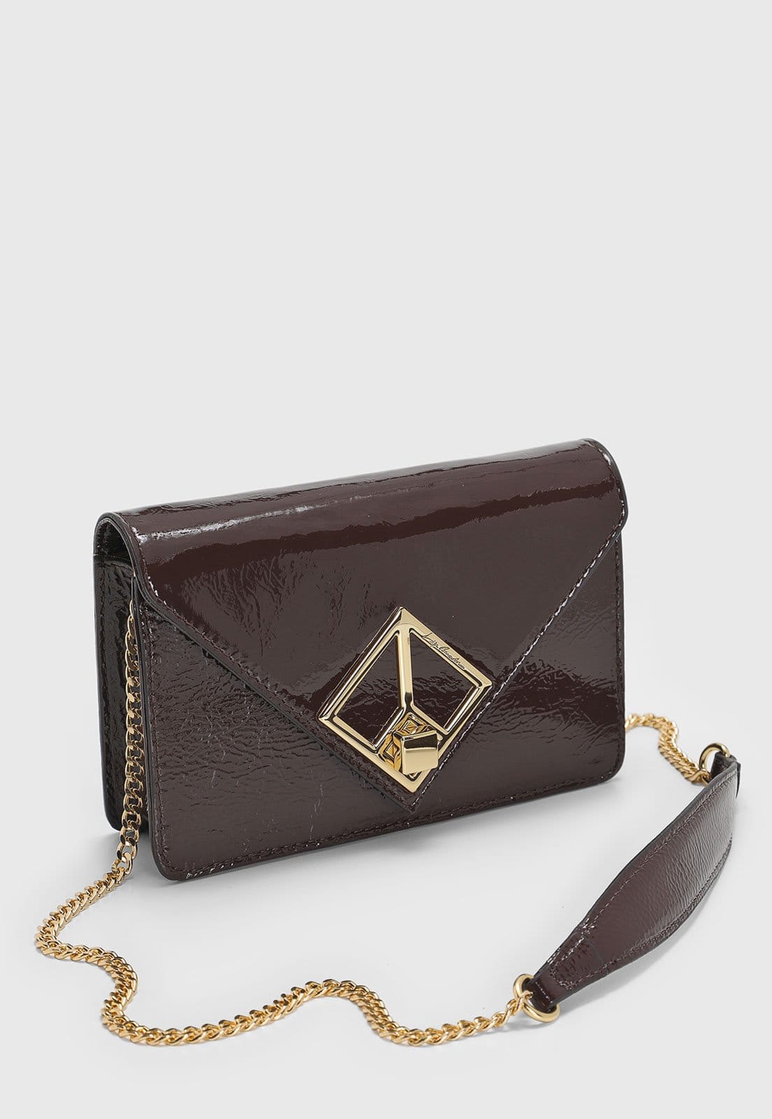 Vista 2 Bolsa Pequena Feminina Luiza Barcelos Alça Corrente Fecho Geométrico Luiza Barcelos marrom