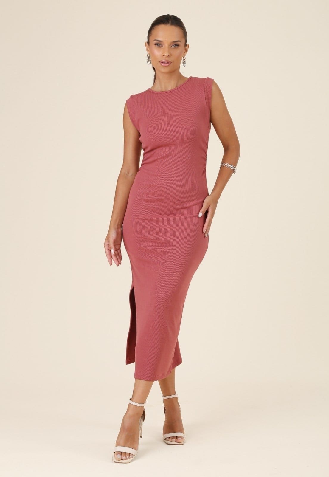 Vestido Midi Pop Me Em Malha Canelada Manga Muscle Tee Blush