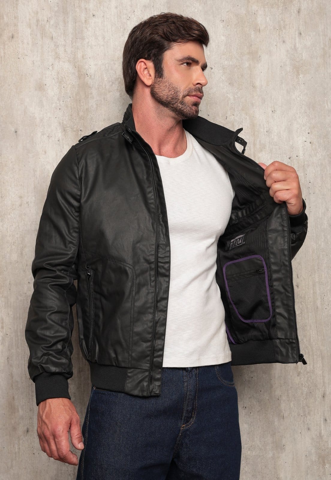 Jaqueta Motoqueiro de Couro Tex Jeans Com Forro Bolso Interno e Punho Ajustável