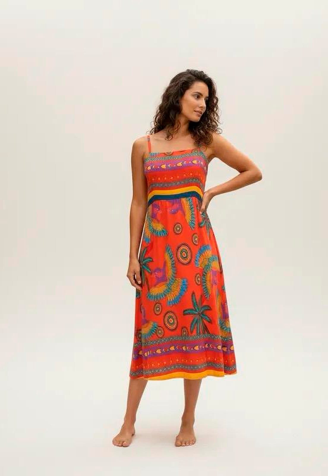 Vestido Amazonia Vital Midi Alça Fina Estampa Dança dos Passáros Red