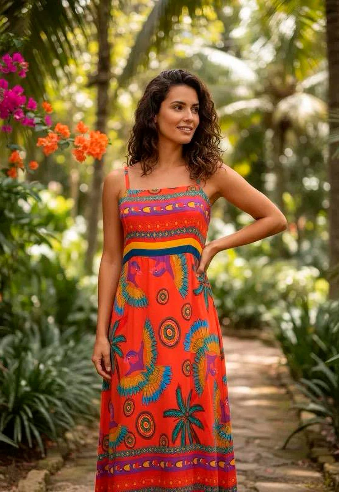 Vista 2 Vestido Amazonia Vital Midi Alça Fina Estampa Dança dos Passáros Red Amazonia Vital estampado red