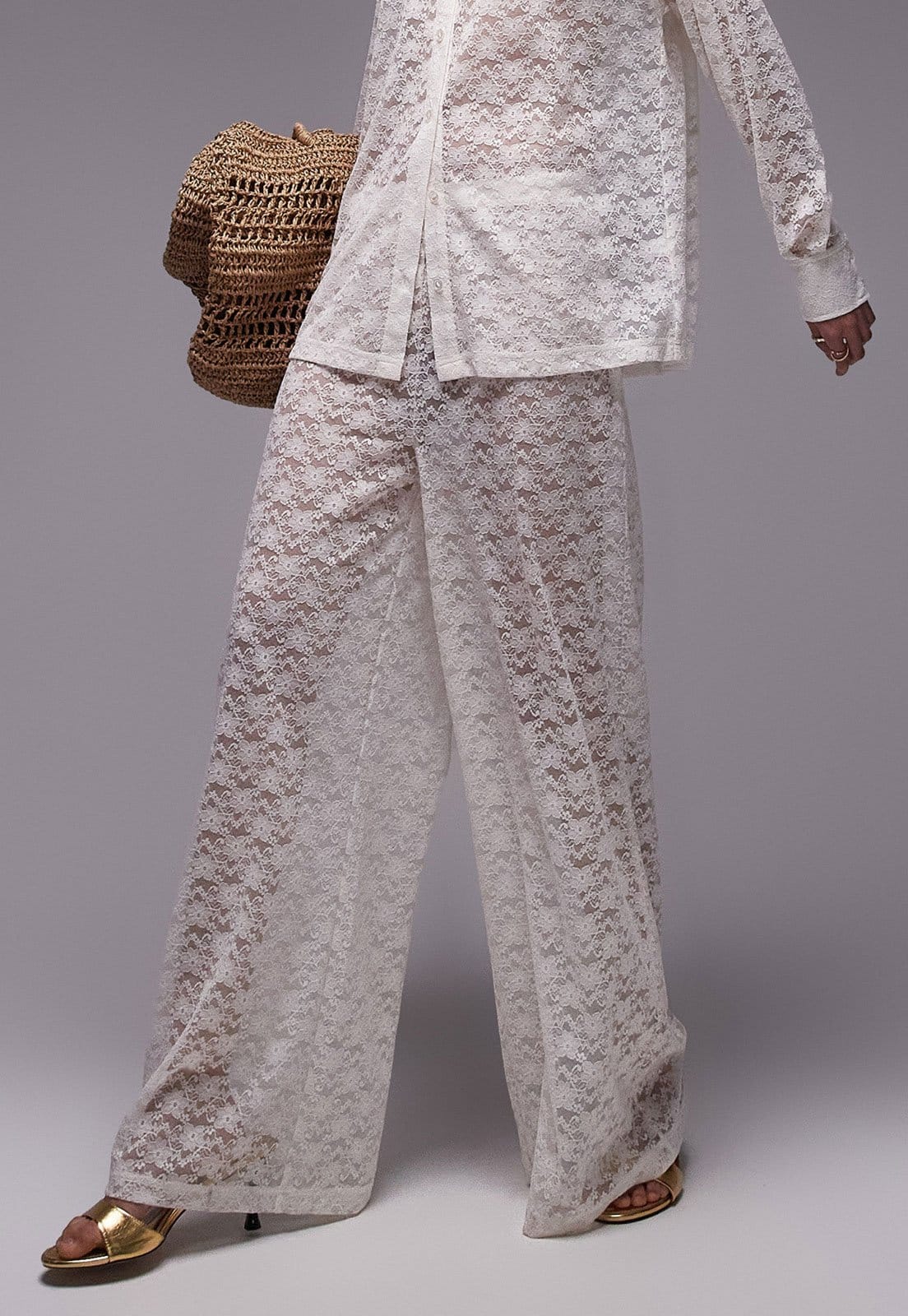 Calça Renda TOPSHOP Wide Leg Vazada Off-White