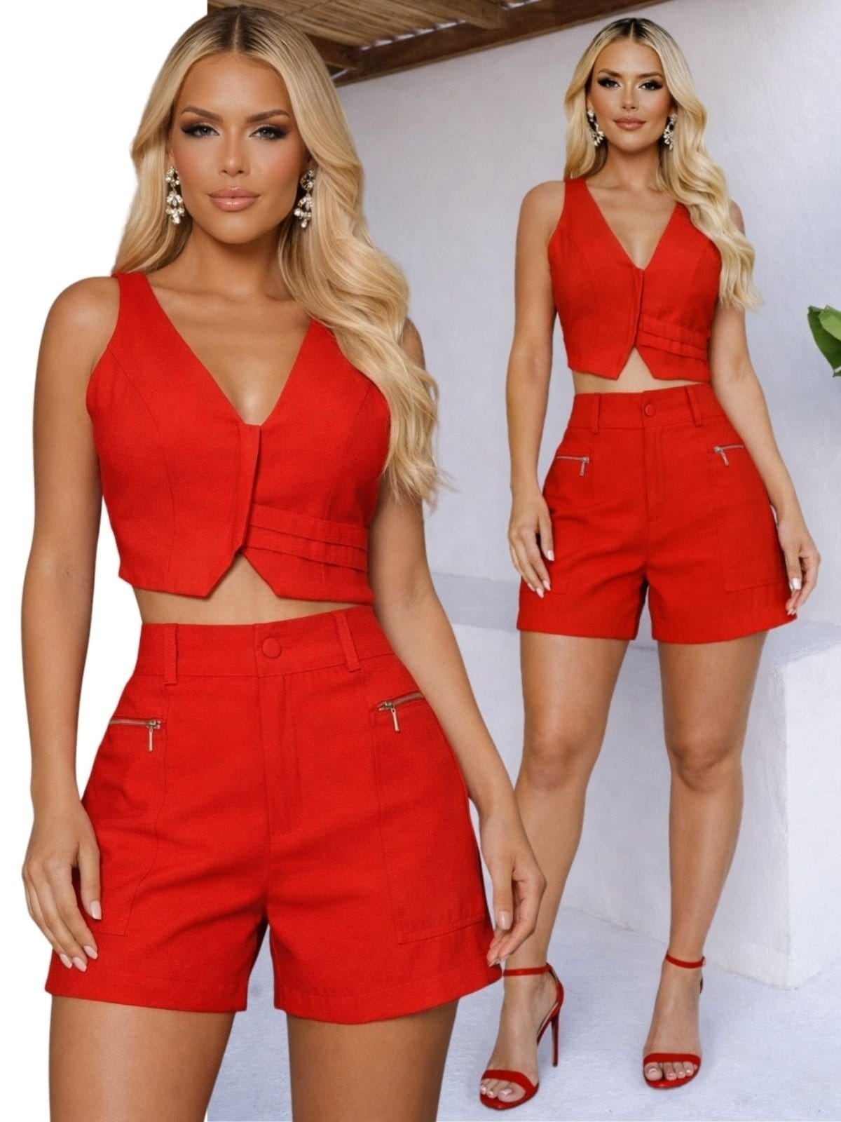 Conjunto Feminino Linho Cropped Colete e Shorts 2030 - Vermelho nv