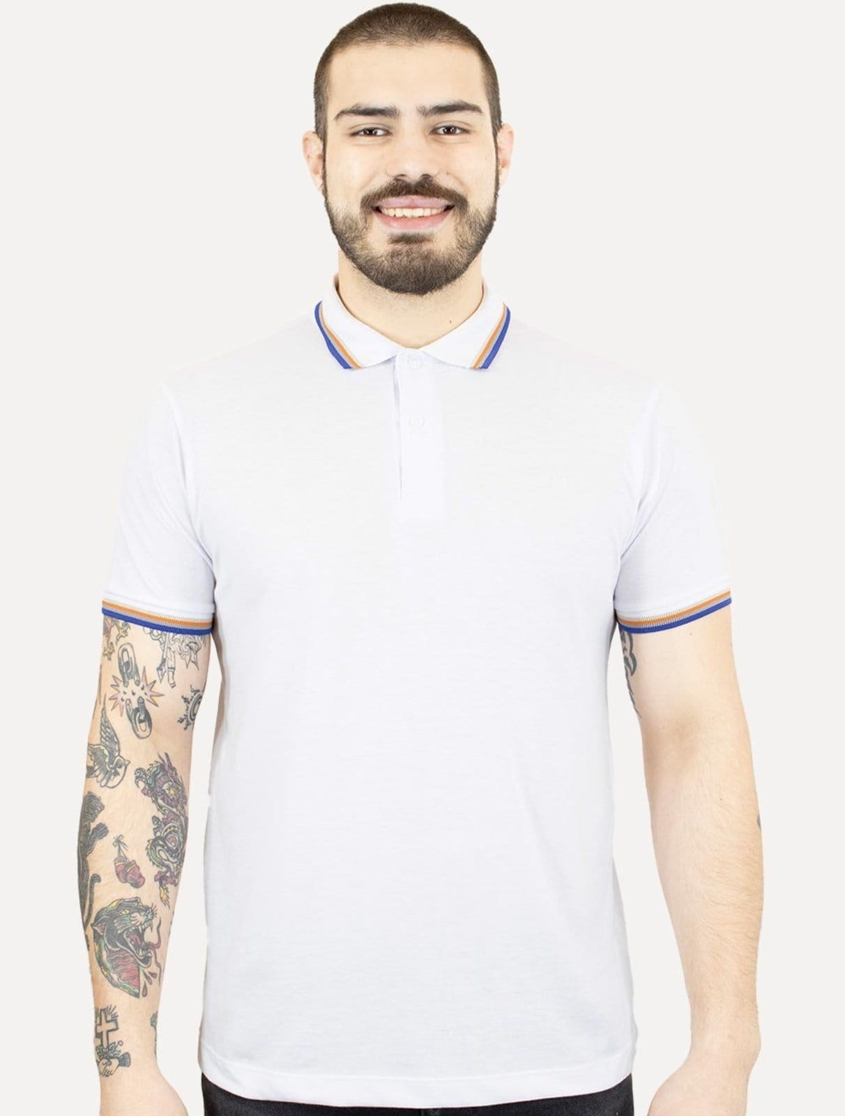 Polo Colcci Masculina Piquet Detalhe Listras Branca