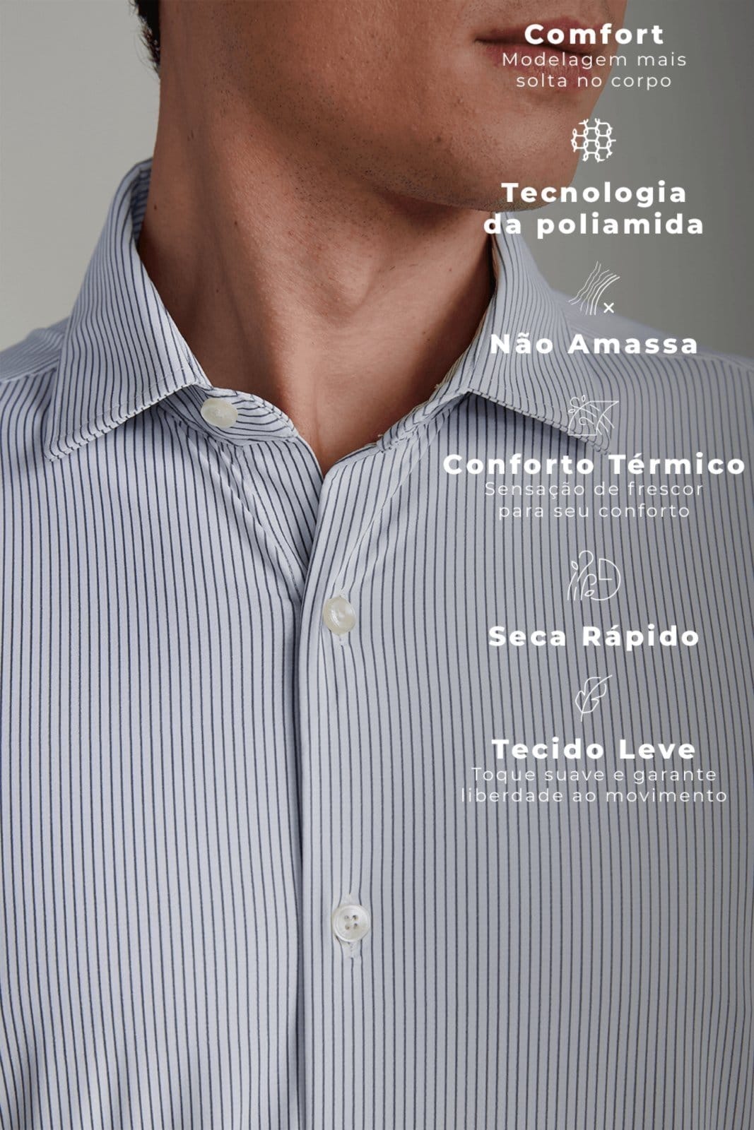 Vista 2 HIGHSTIL Camisa Tecnocomfy Comfort Listrada Claro HIGHSTIL cinza