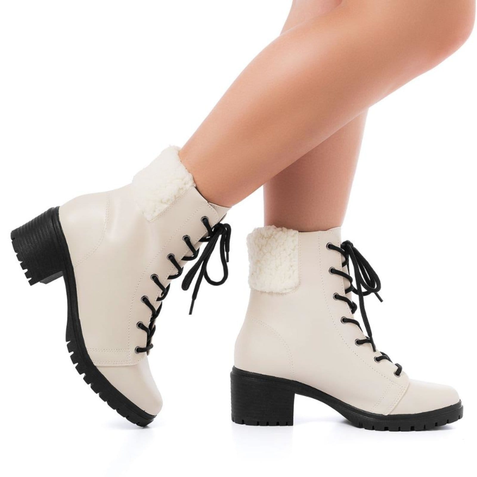 Vista 2 Bota Coturno Feminina Cano Curto Pelo Salto Tratorado Baixo Off White Stessy Shoes off-white white