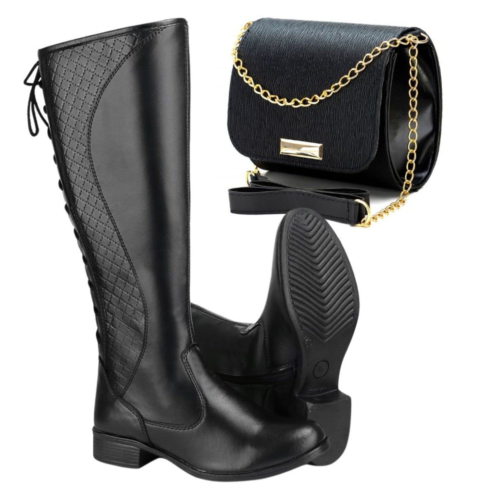 Kit Bota Feminina Cano Alto Montaria Salto Baixo + Bolsa Transversal
