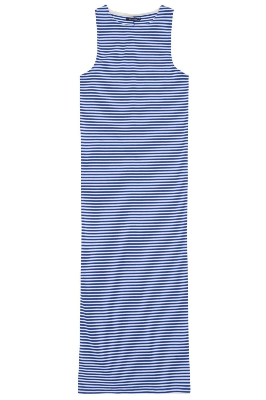 Vista 2 Vestido feminino midi fio tinto Essendi médio Essendi azul