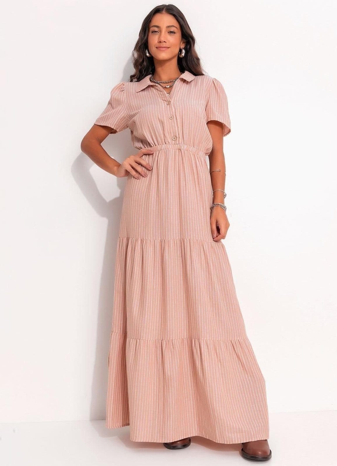 Vestido Em Voil De Algodão Listrado Mostarda