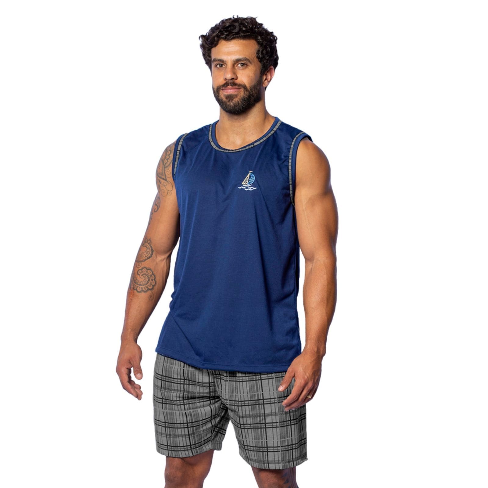 Pijama Masculino Gabi Lingerie Regata Malha Confortável Curto Marinho