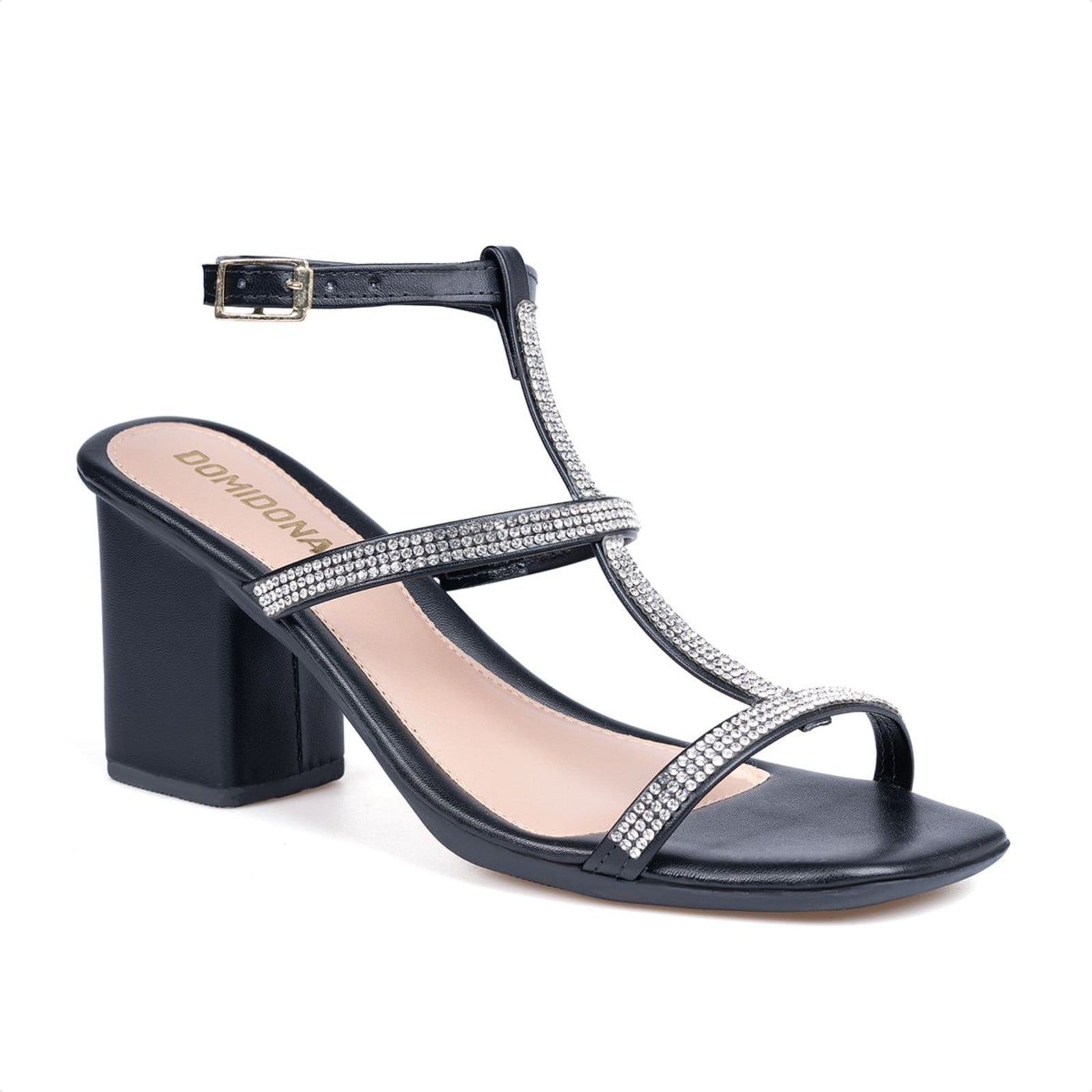 Sandália Feminina Preta Salto Bloco E Tiras Finas Em Strass