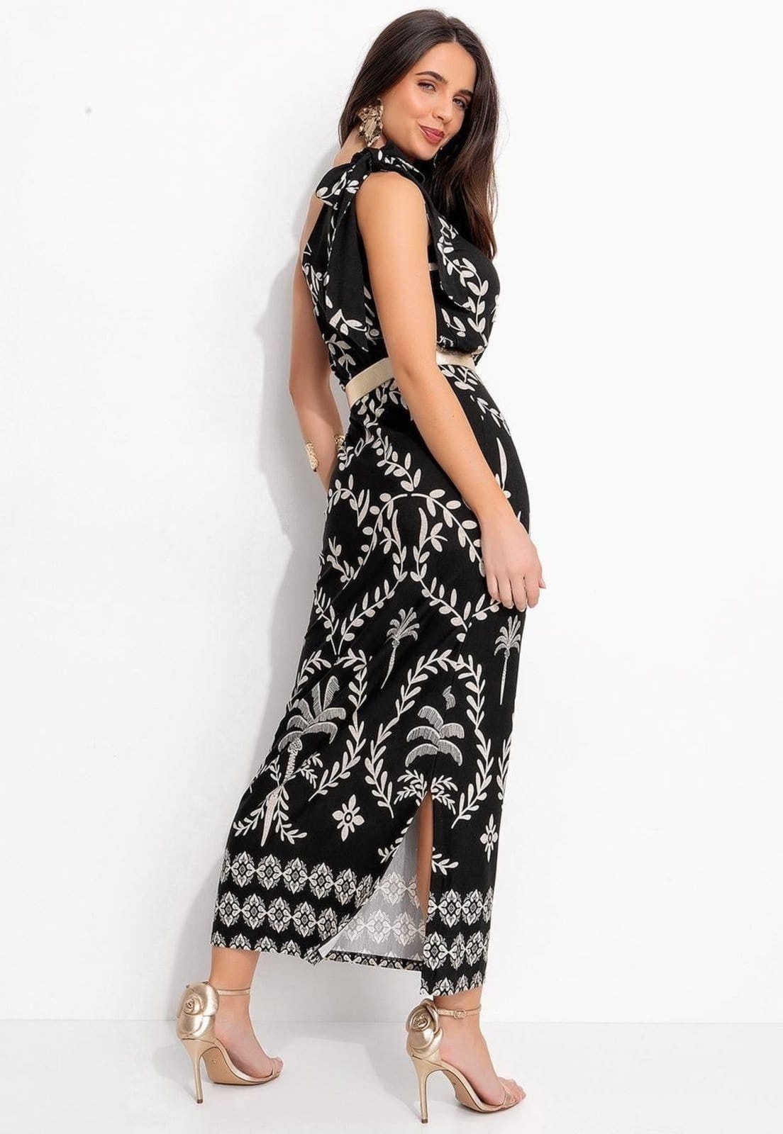 Vista 2 Vestido Em Malha De Viscose Barrado Coqueiros Quintess preto