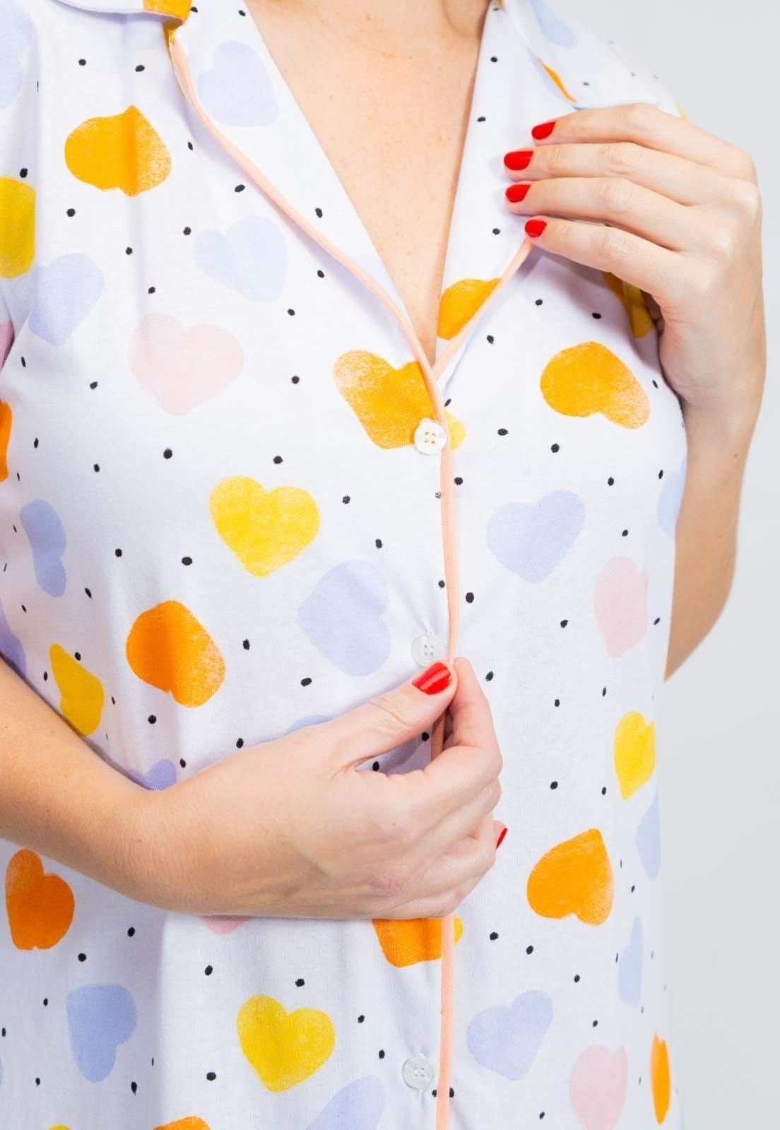 Vista 2 Camisola Algodão Plus Sise Americana Curta Fiama - Corações Coloridos Piante branco