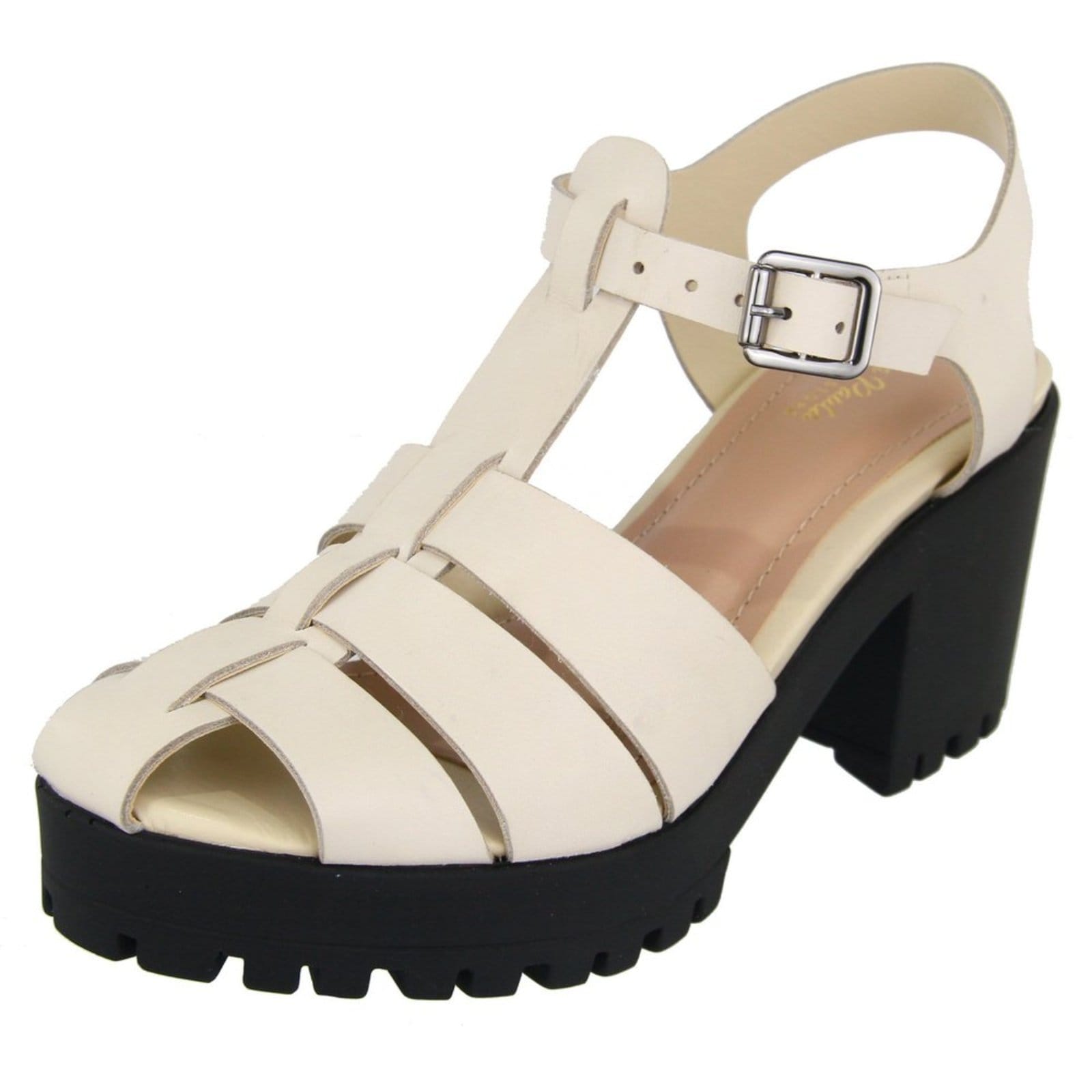 Sandália Feminina Tratorada em Couro Salto Bloco Tiras Maria Paula Off White