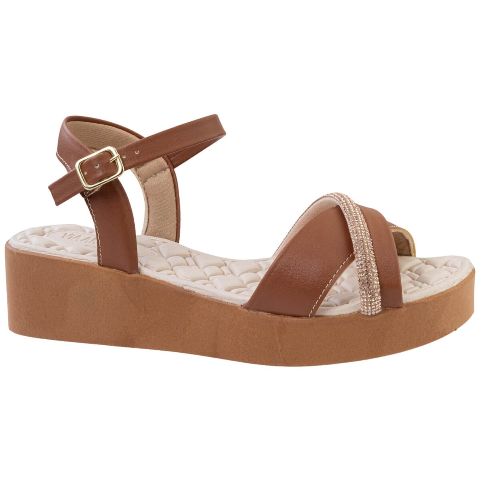 Sandália Anabela Feminina Ortopédica Strass Confortável Versátil Estilosa Via Angel 8502