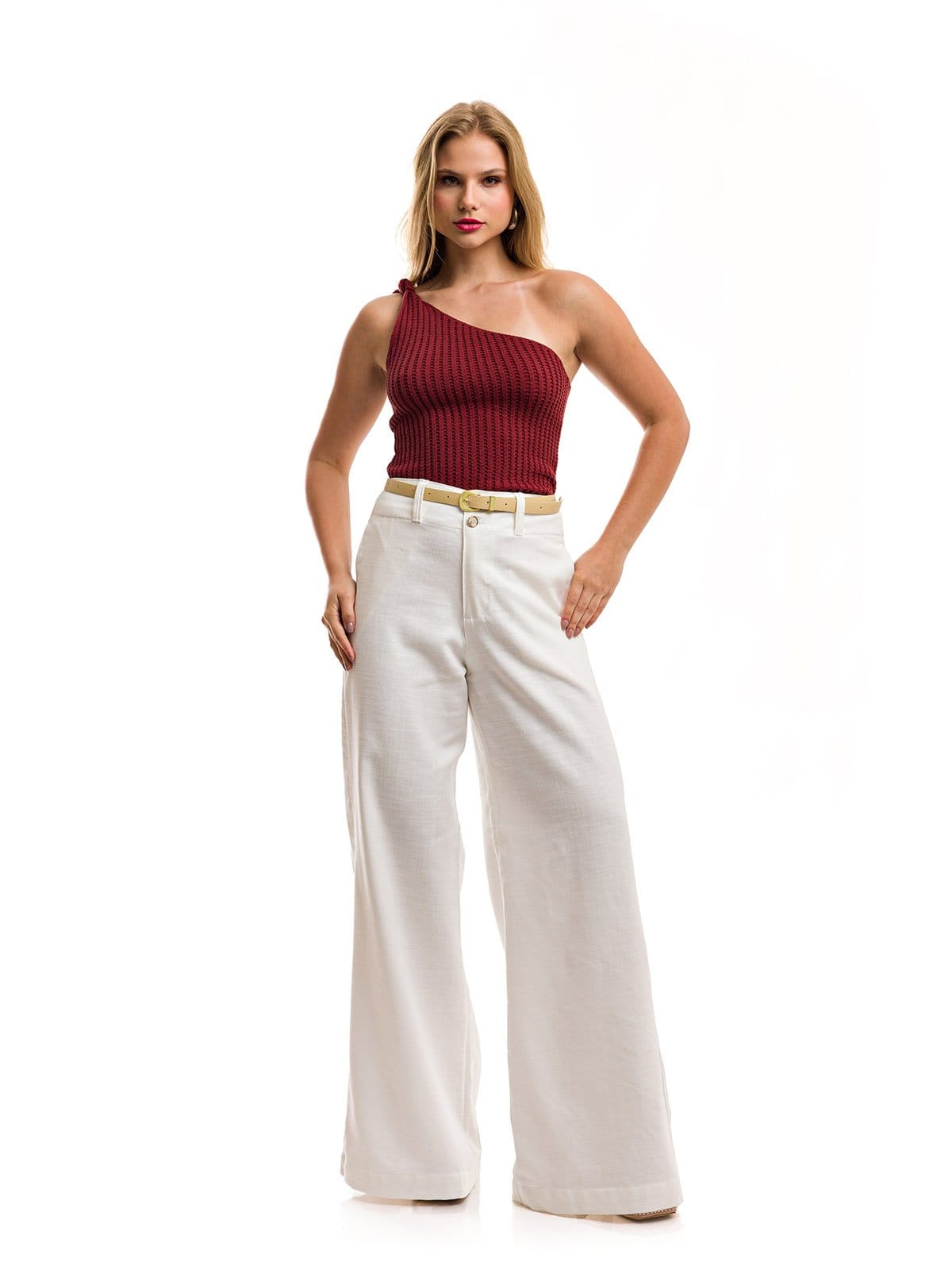 Vista 2 Calça Pantalona Restrito Jeans Premium Social com Cinto Off Restrito Jeans branco