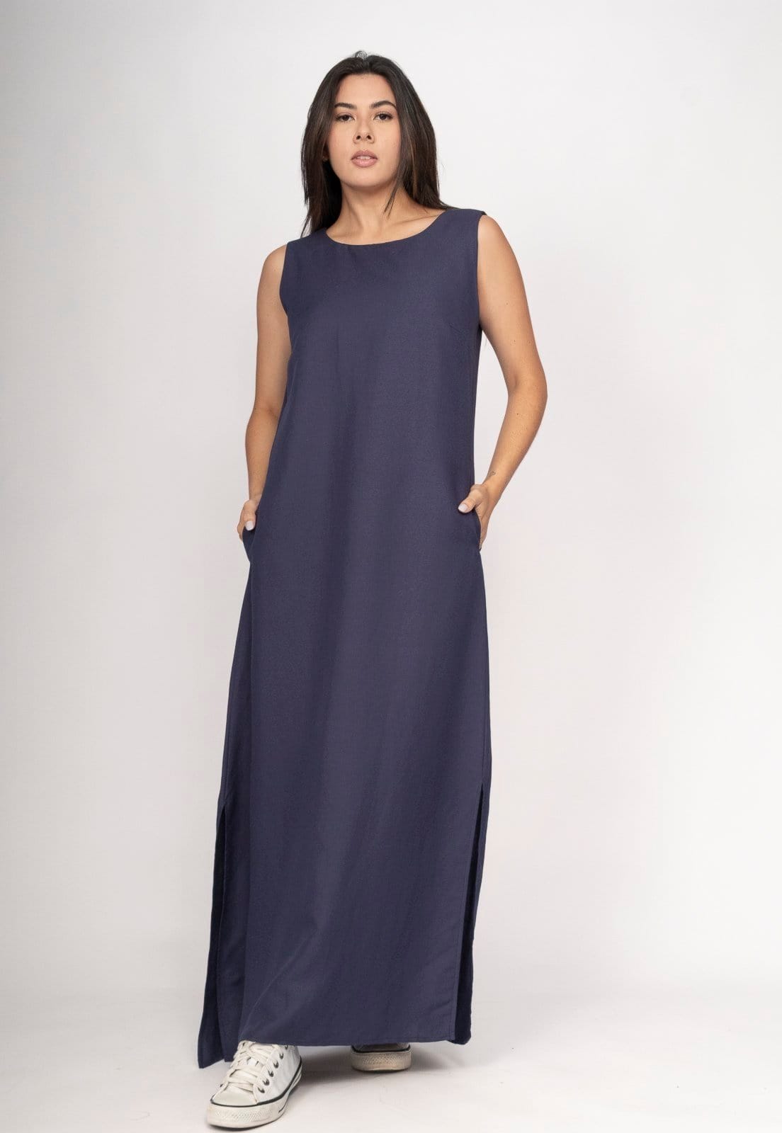 Vista 2 Vestido Cabanafree Longo Linho com Viscose com Bolso Marinho Cabanafree azul