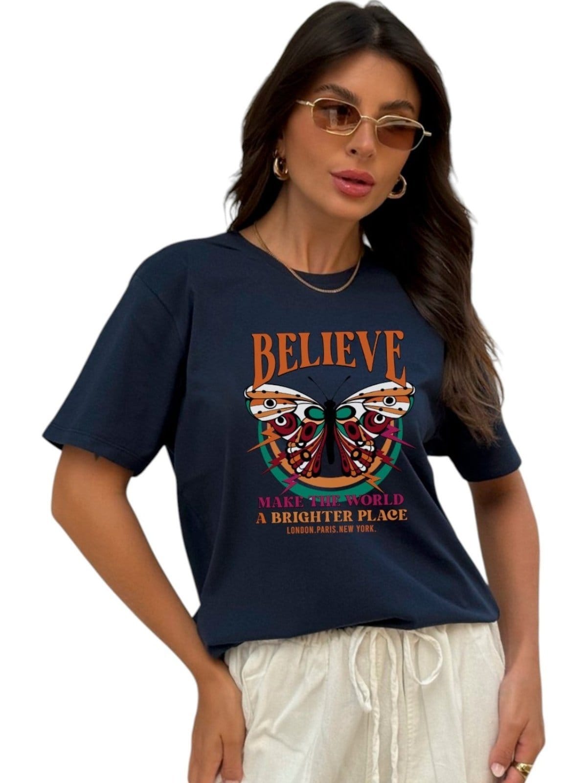 Camiseta Cianitas Azul Estampa Borboleta Believe