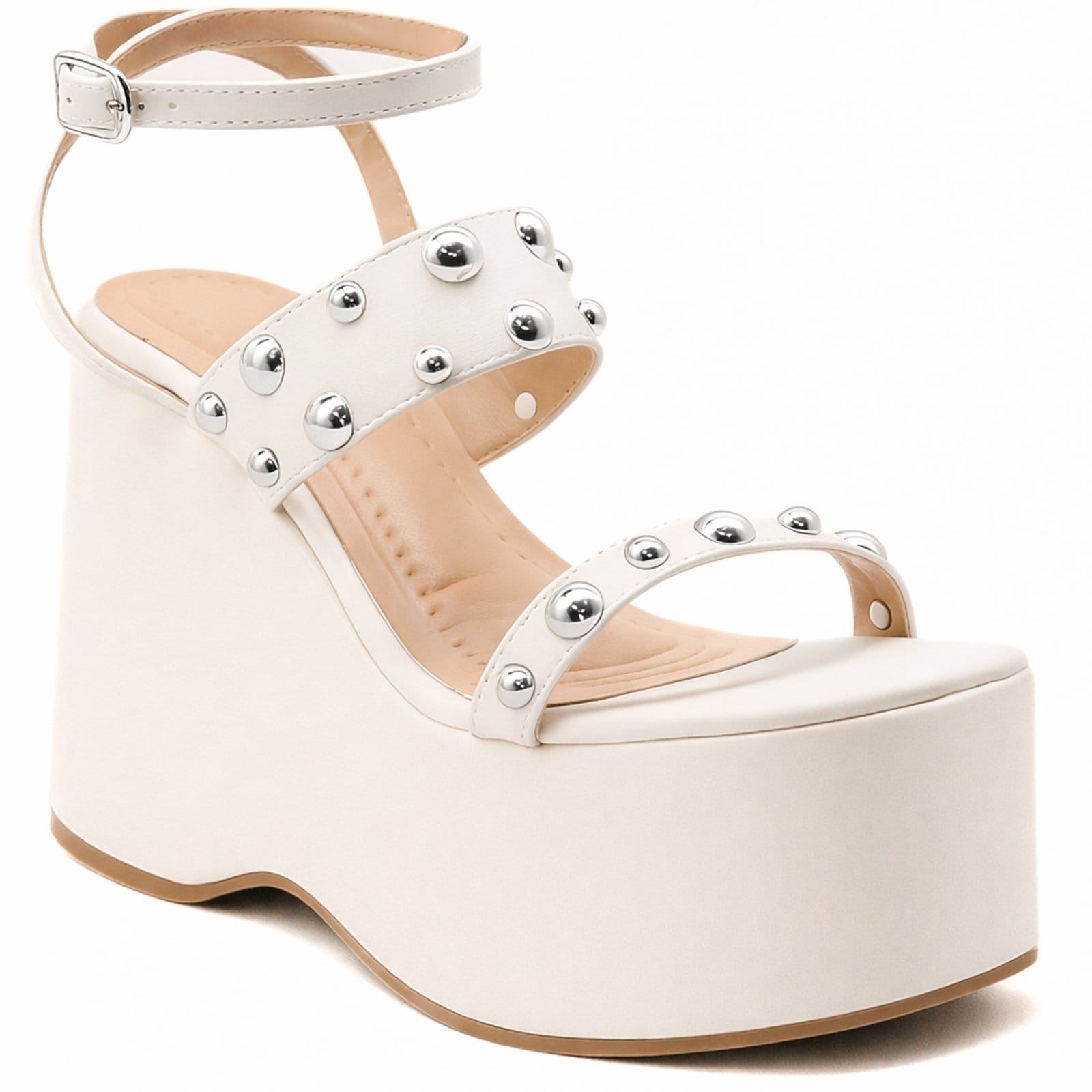 Sandália Feminina Anabela Plataforma Alta Aplicação Metal Prateado 182172 Off White