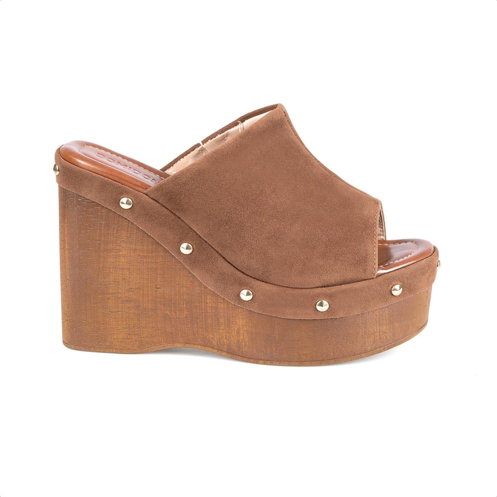 Vista 2 Sandália Feminina Anabela Com Tachas Salto Plataforma Madeira Elegante e Confortável Domidona caramelo