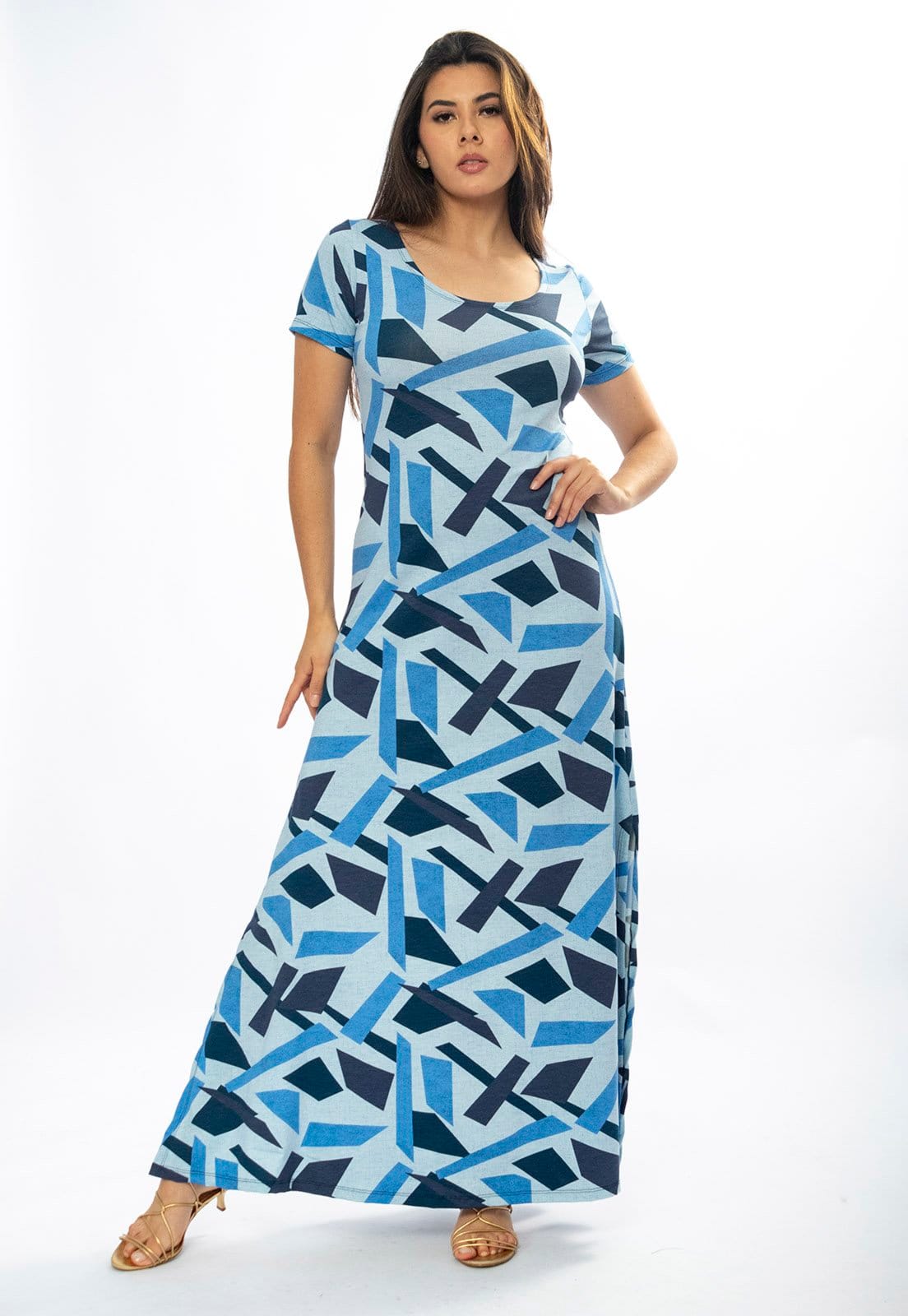 Vista 2 Vestido Longo Amazônia Vital Malha Gola Canoa Manga Curta Caminhos de Azul Amazonia Vital azul marinho