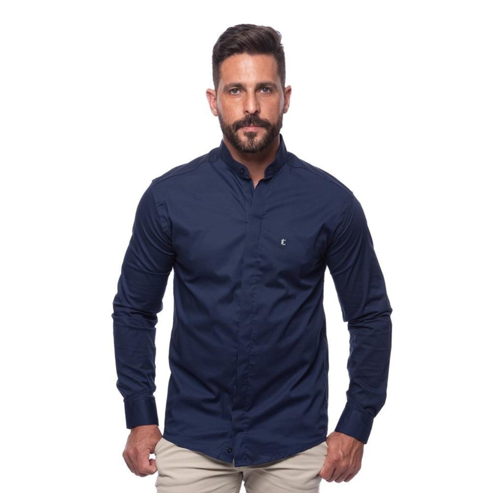 Camisa Masculina Acetinada Gola Padre Manga Longa Elastano Azul Claro