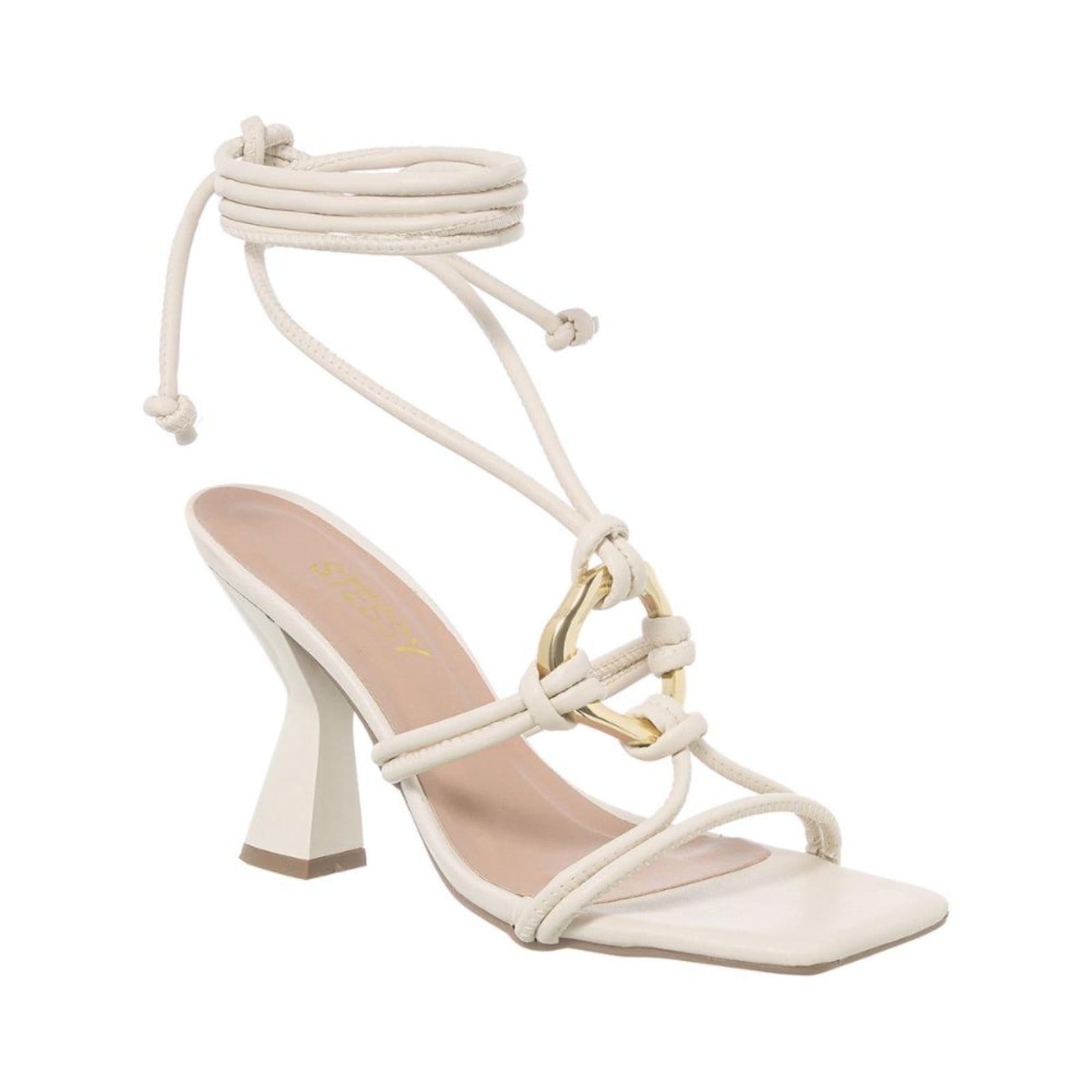 Sandália Amarrar Feminina Salto Alto Grosso Enfeite Orgânico Off White