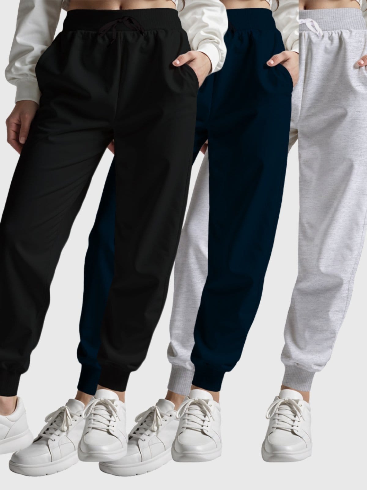 Kit 3 Calças Moletom Femininas Básicas Lisas Benellys Preto Marinho