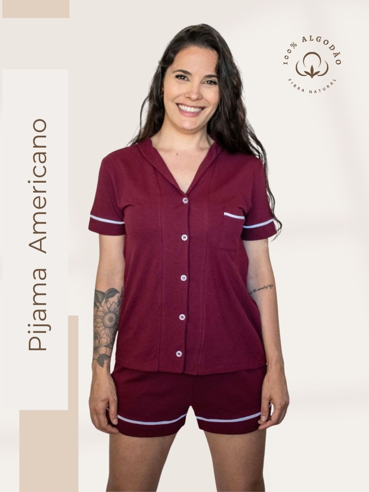 Pijama Algodão Americano Feminino Curto Manga Curta com Botão Botões Verão Adulto indicado Gestante Amamentação e ós cirúgico