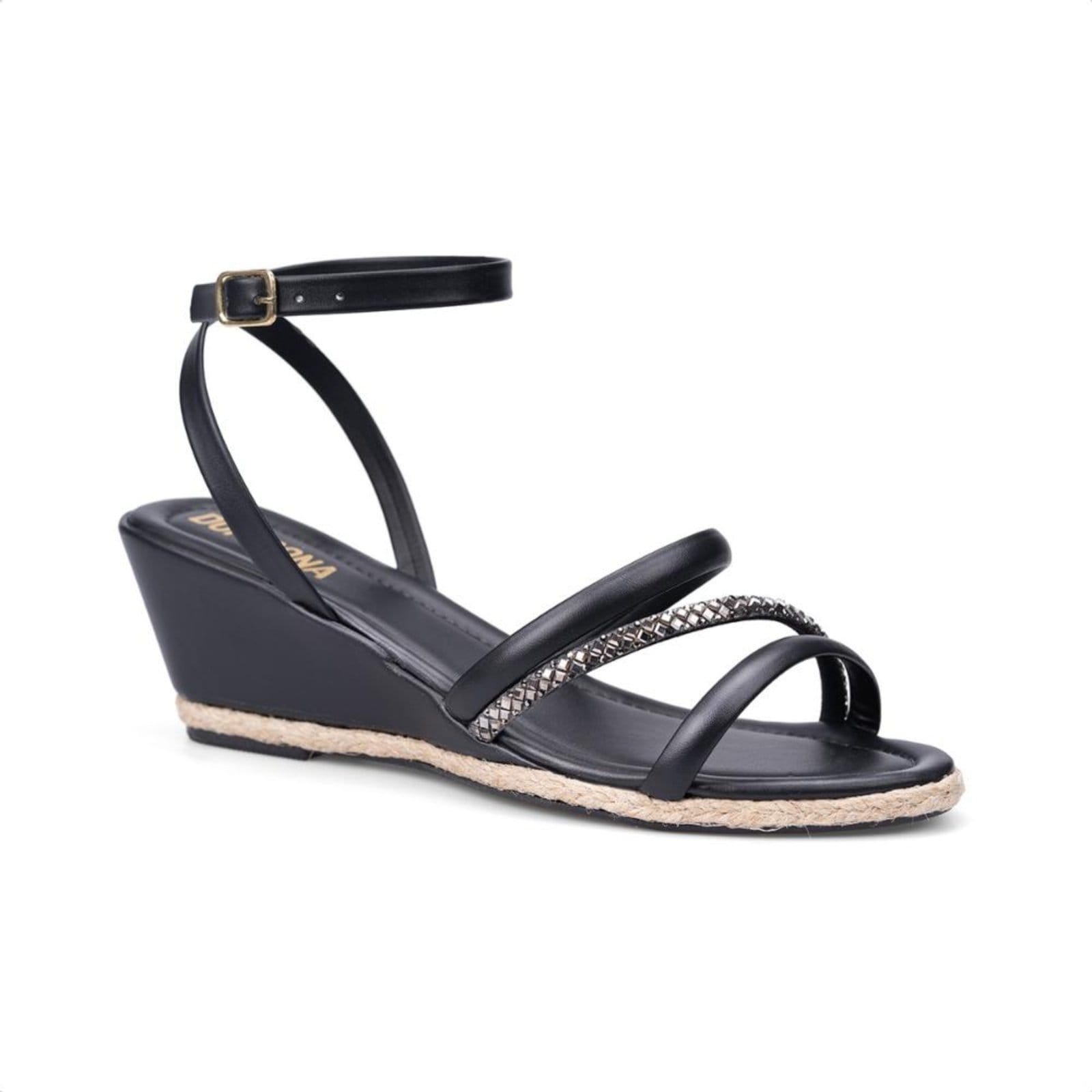 Sandália Anabela Preta Com Detalhe Em Palha Tira De Strass