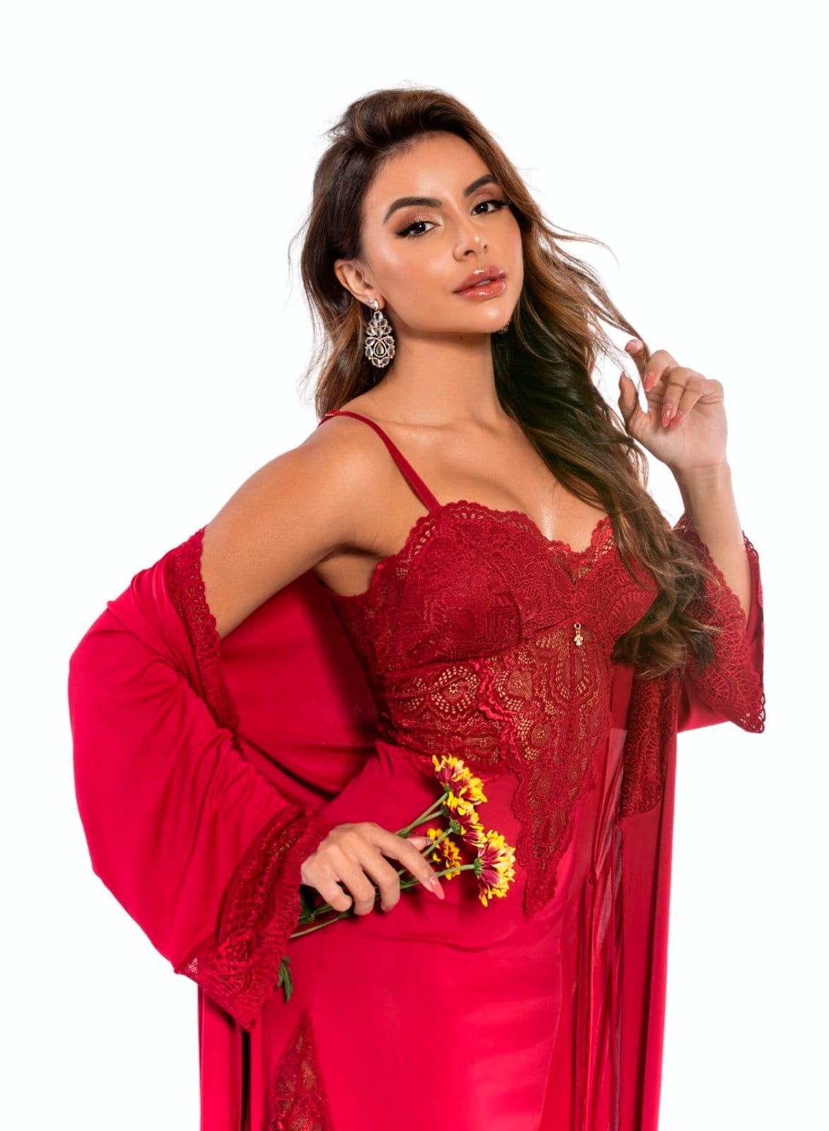 Robe Gabi Lingerie Longo Microfibra Rendado Cereja - 2