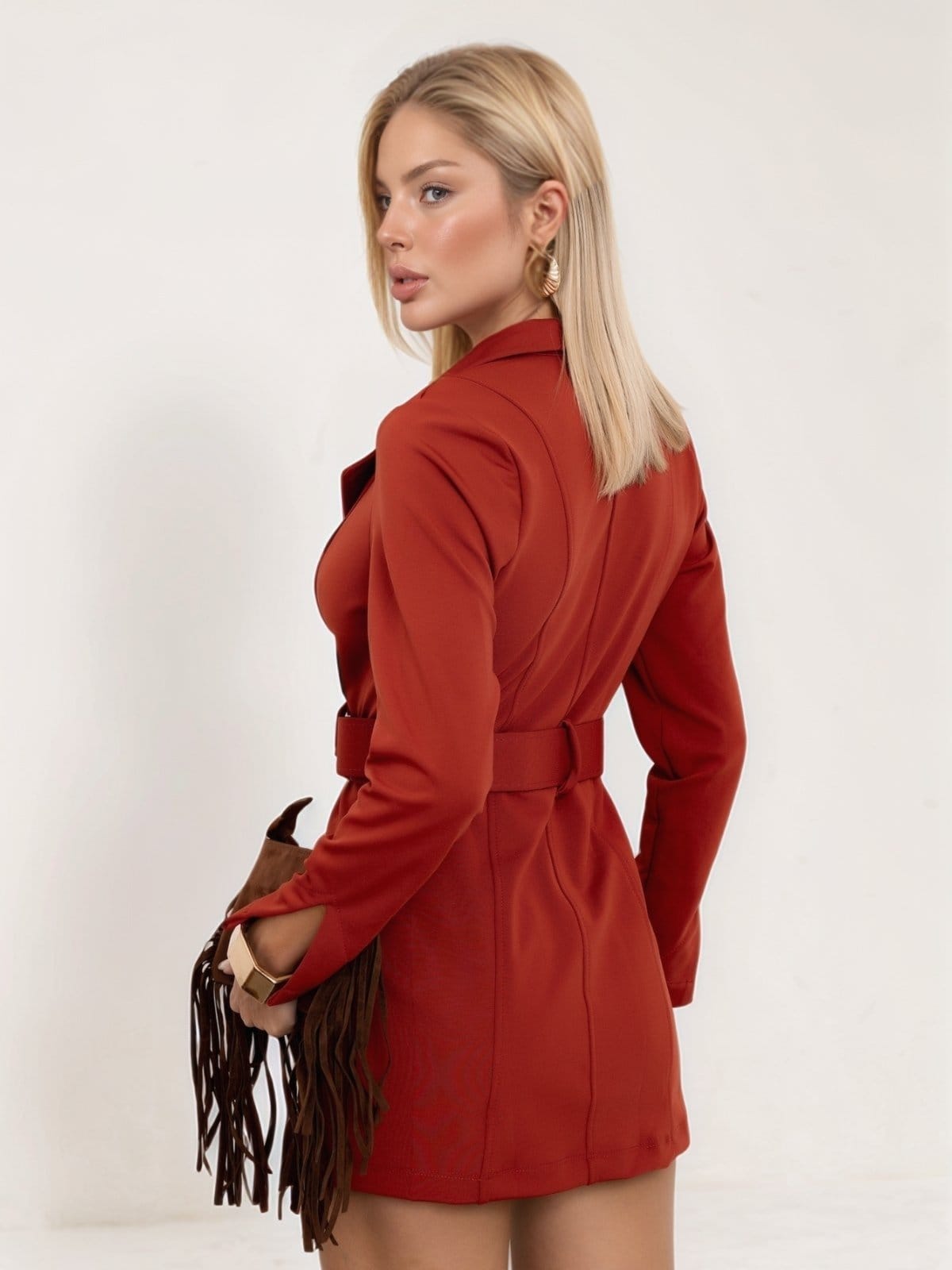 Vista 2 Vestido Feminino Blazer Tropical Fashion Curto Com Cinto - Telha TROPICAL FASHION vermelho