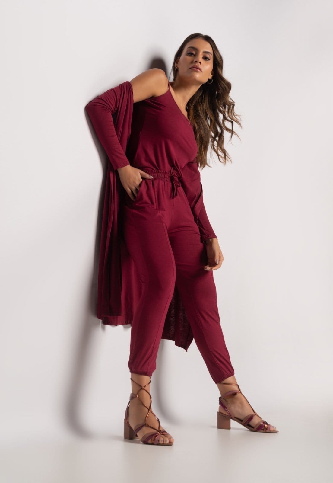 Conjunto Com Kimono, Regata e Jogger Malha Salvatore Vinho