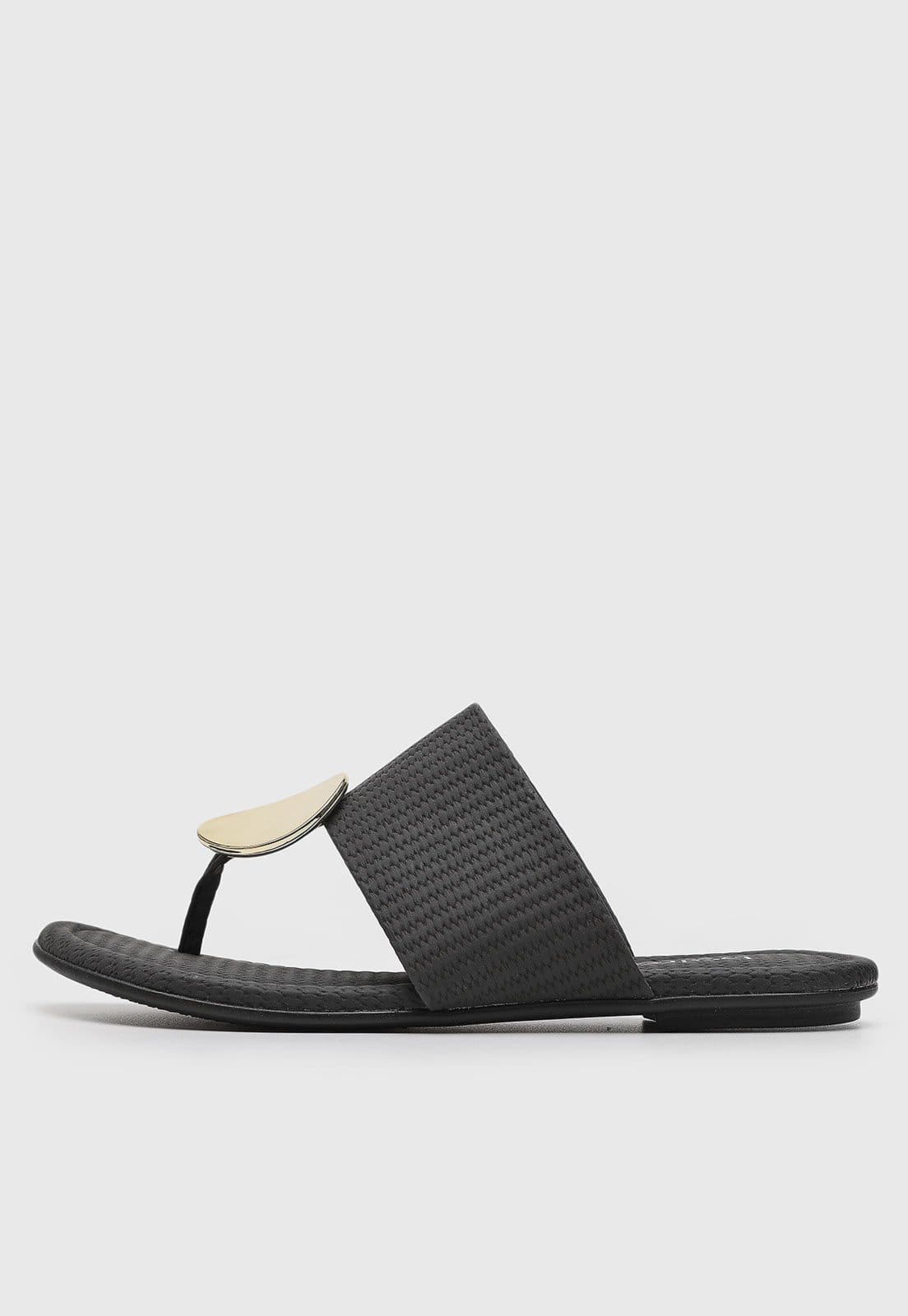 Rasteira Feminina Beira Rio Tira Larga Detalhe Metal Dourado Preta