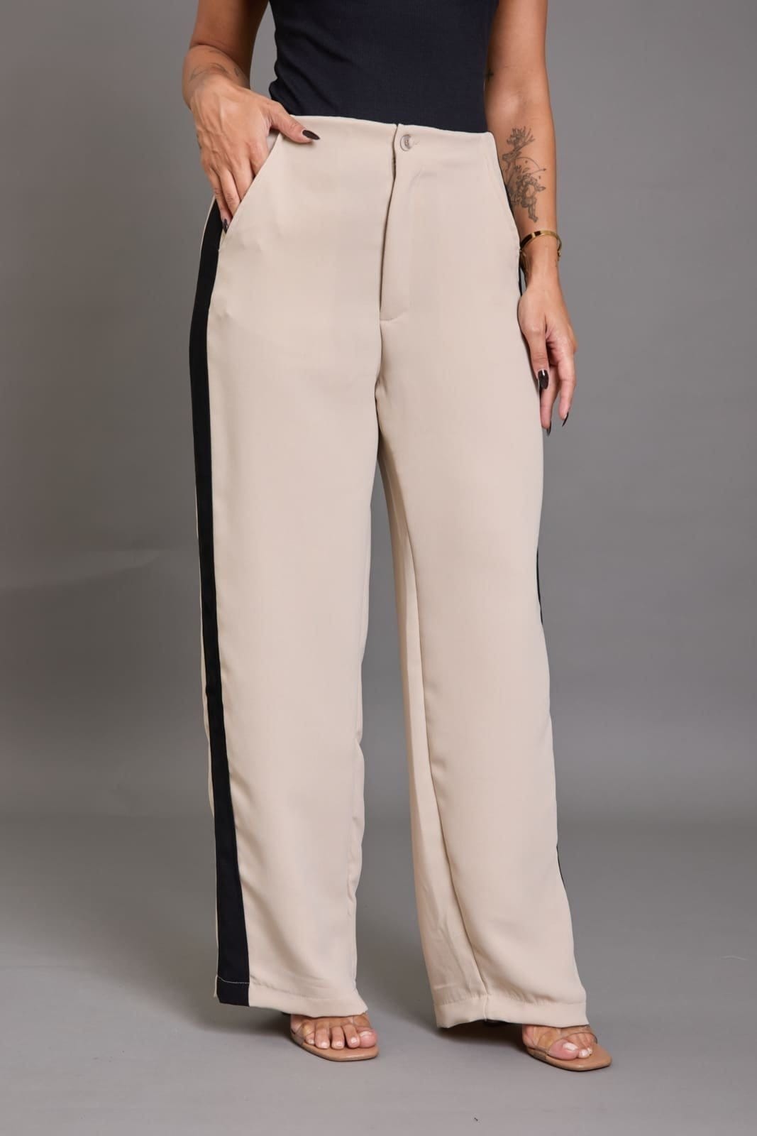 Calça Pantalona Lemier com Faixa Lateral Cintura Alta