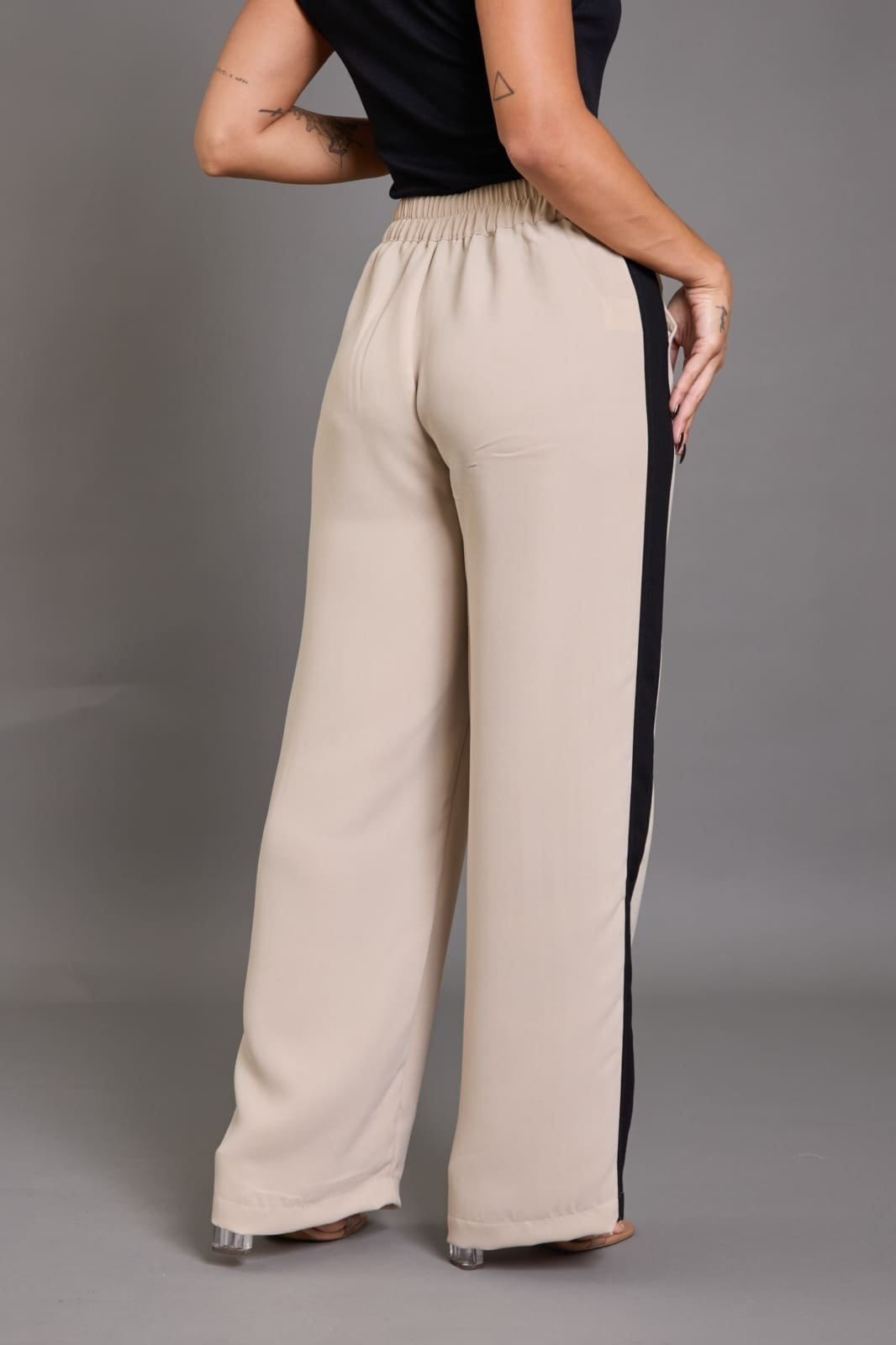 Vista 2 Calça Pantalona Lemier com Faixa Lateral Cintura Alta LEMIER bege/off-white