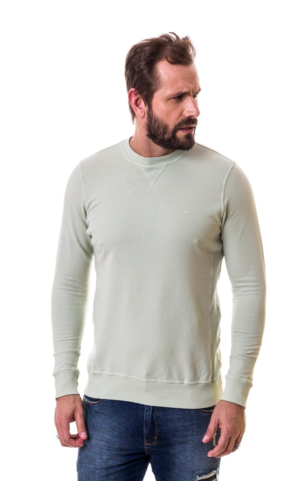 Vista 2 Moletom Aburguesia Slim Fit Gola Redonda Claro Alfaiataria Burguesia verde