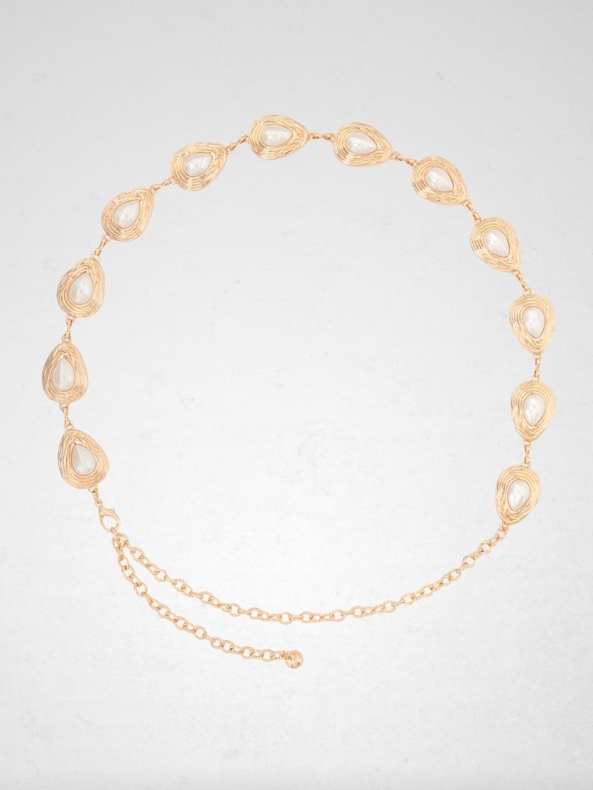 Vista principal Cinto Via Lessa Macela Elos de Metal com Pérolas Via Lessa dourado