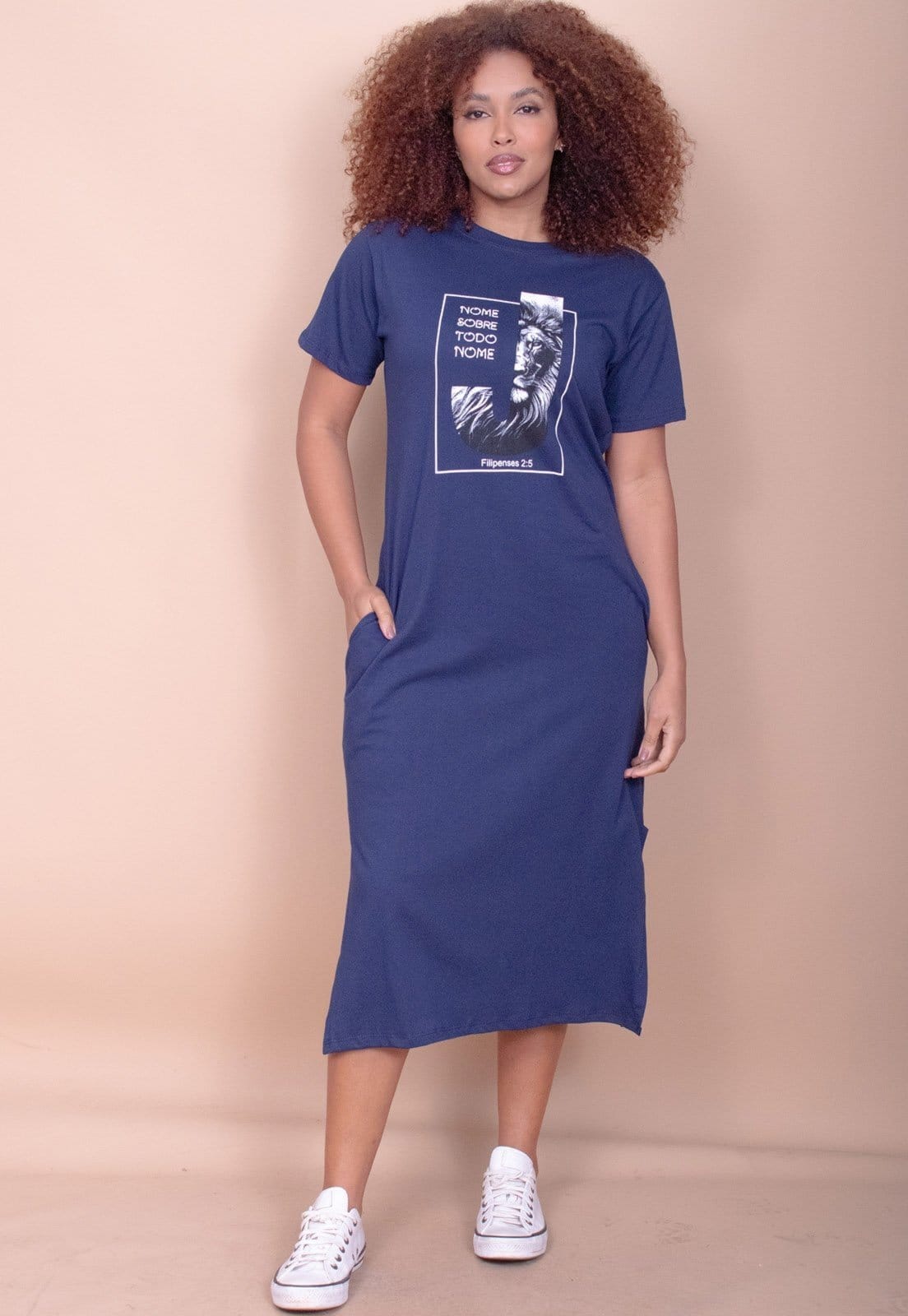 Vestido Cabanafree Midi Algodão Manga Curta Moda Evangélica Azul