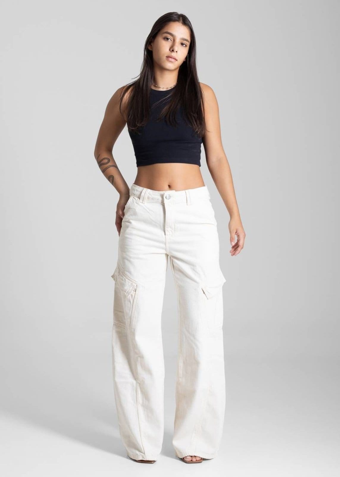 Vista 2 Calça Sarja Sawary Wide Leg - 281870 Sawary bege