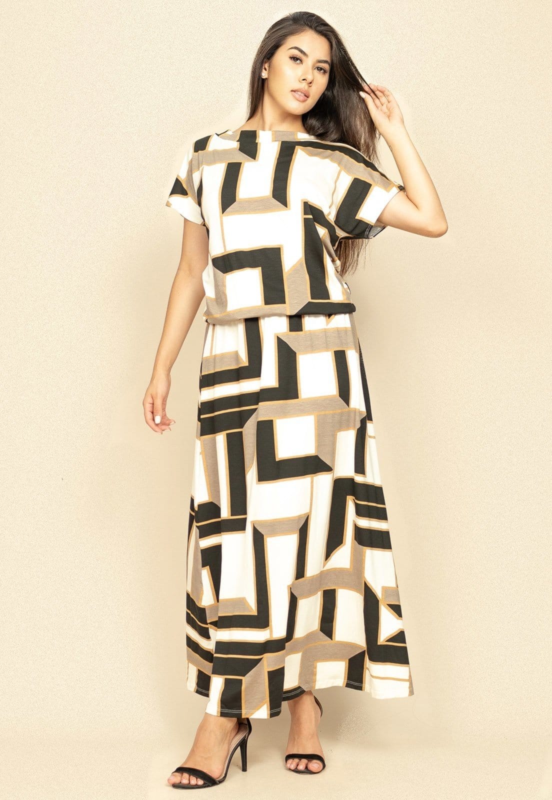 Vista 2 Vestido Longo Morcego Malha Estampa Igaci Cabanafree branco/estampado