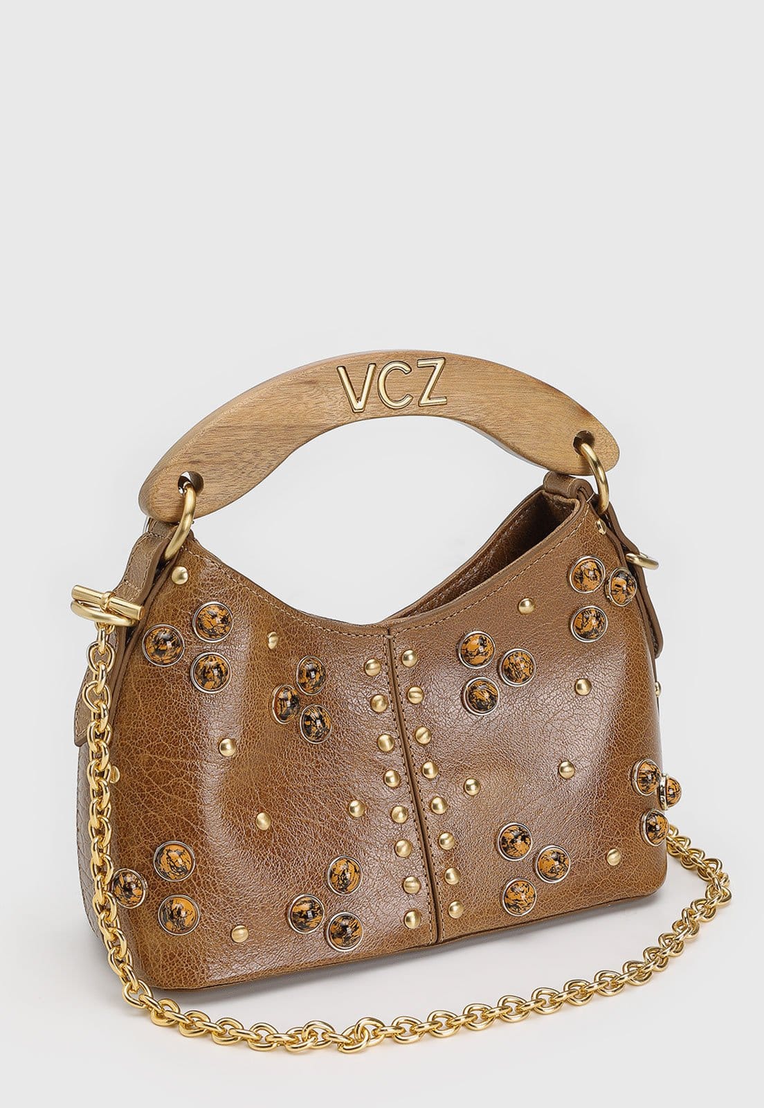 Vista 2 Bolsa Feminina Vicenza Alça Madeira Pedrarias Cocoa Vicenza caramelo