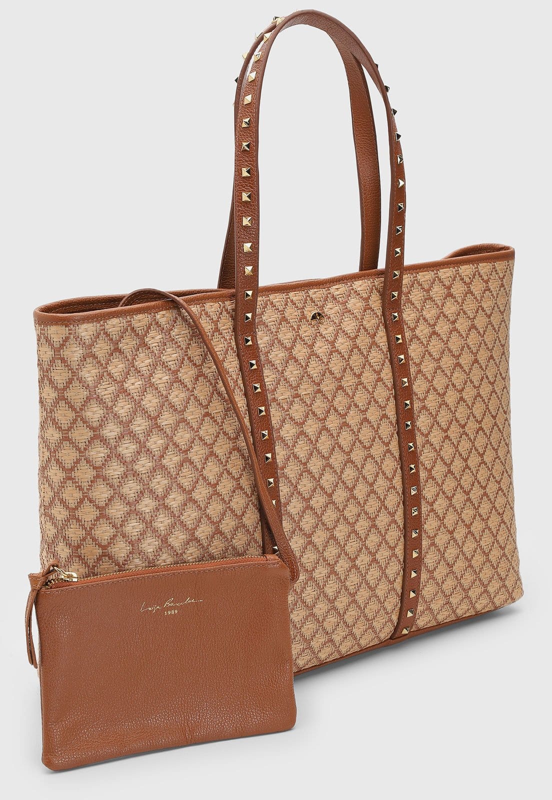 Vista 2 Bolsa Grande e Necessaire Luiza Barcelos Tramado Geométrico Luiza Barcelos marrom