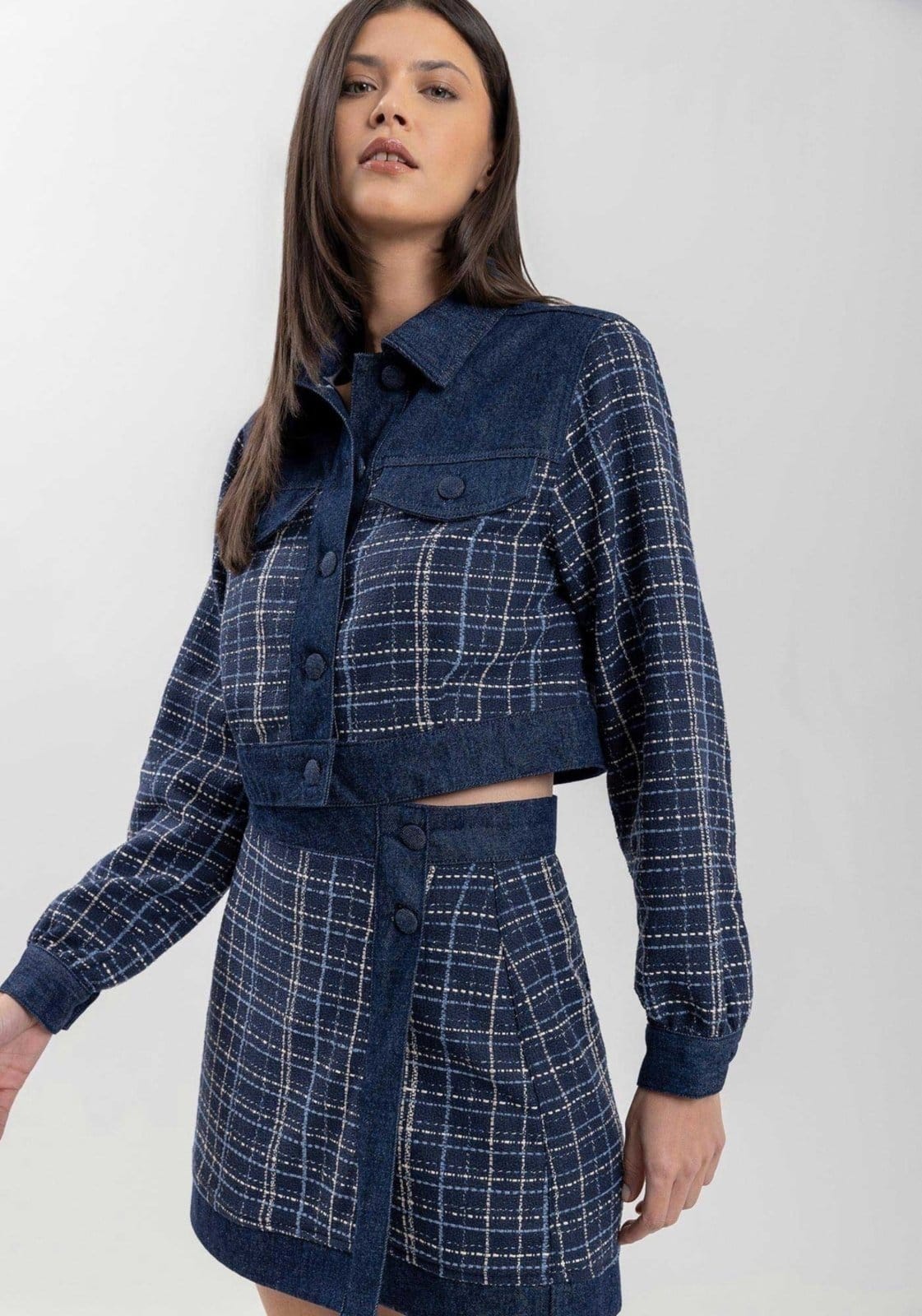 Vista 2 Saia Curta Jeans Com Cintura Alta E Padronagem Xadrez Lez a Lez azul