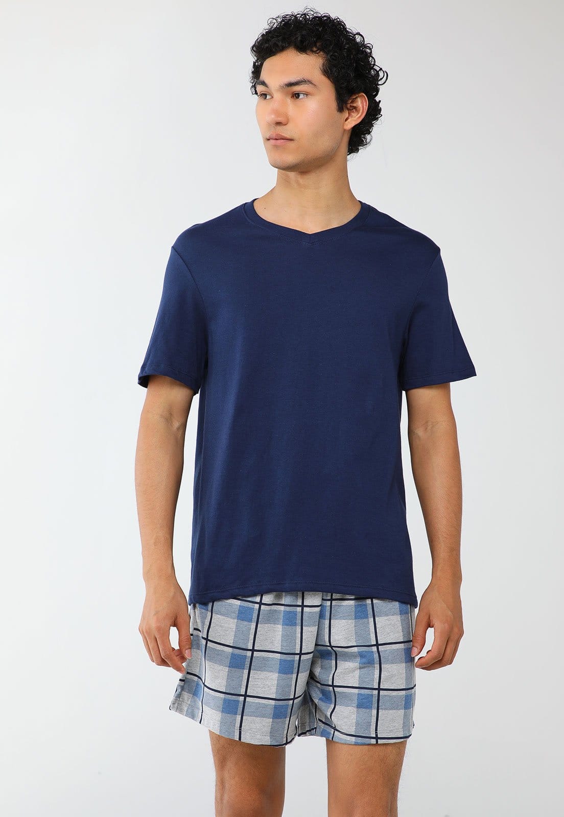 Conjunto Pijama Curto Masculino Hering Xadrez Marinho