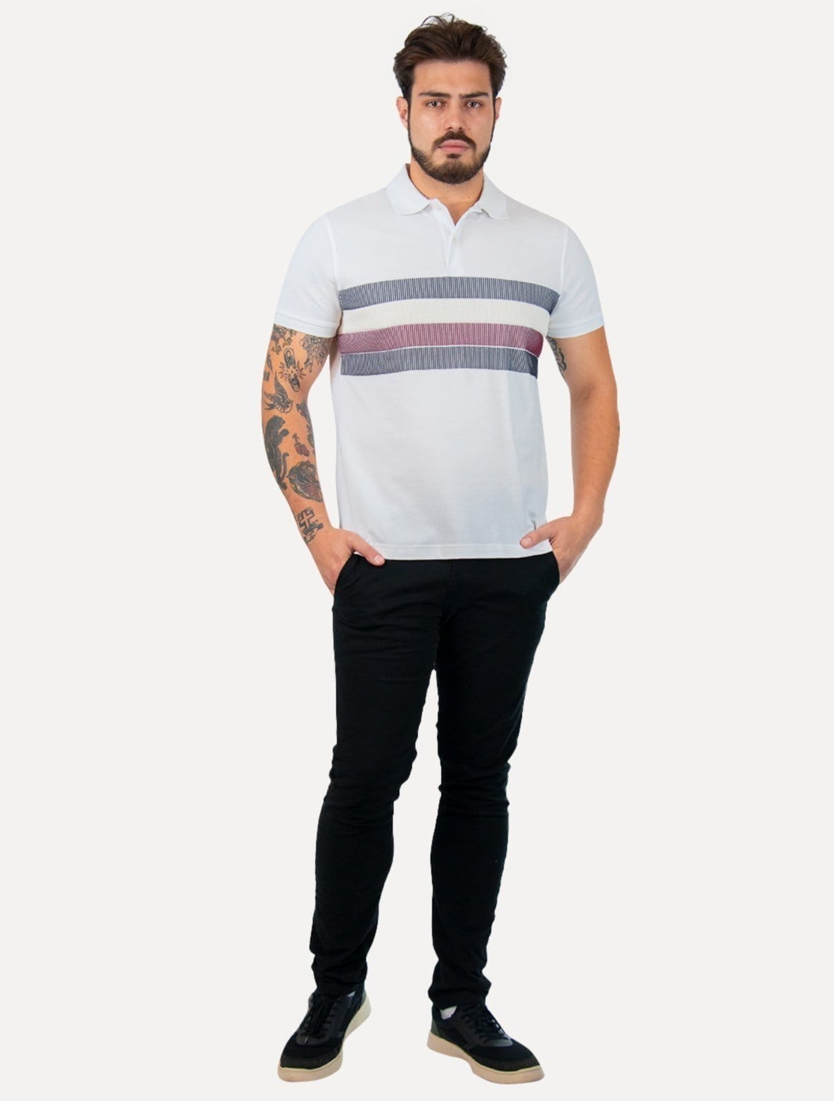 Polo Tommy Hilfiger Masculina Regular Shadow Global Stripe Branca