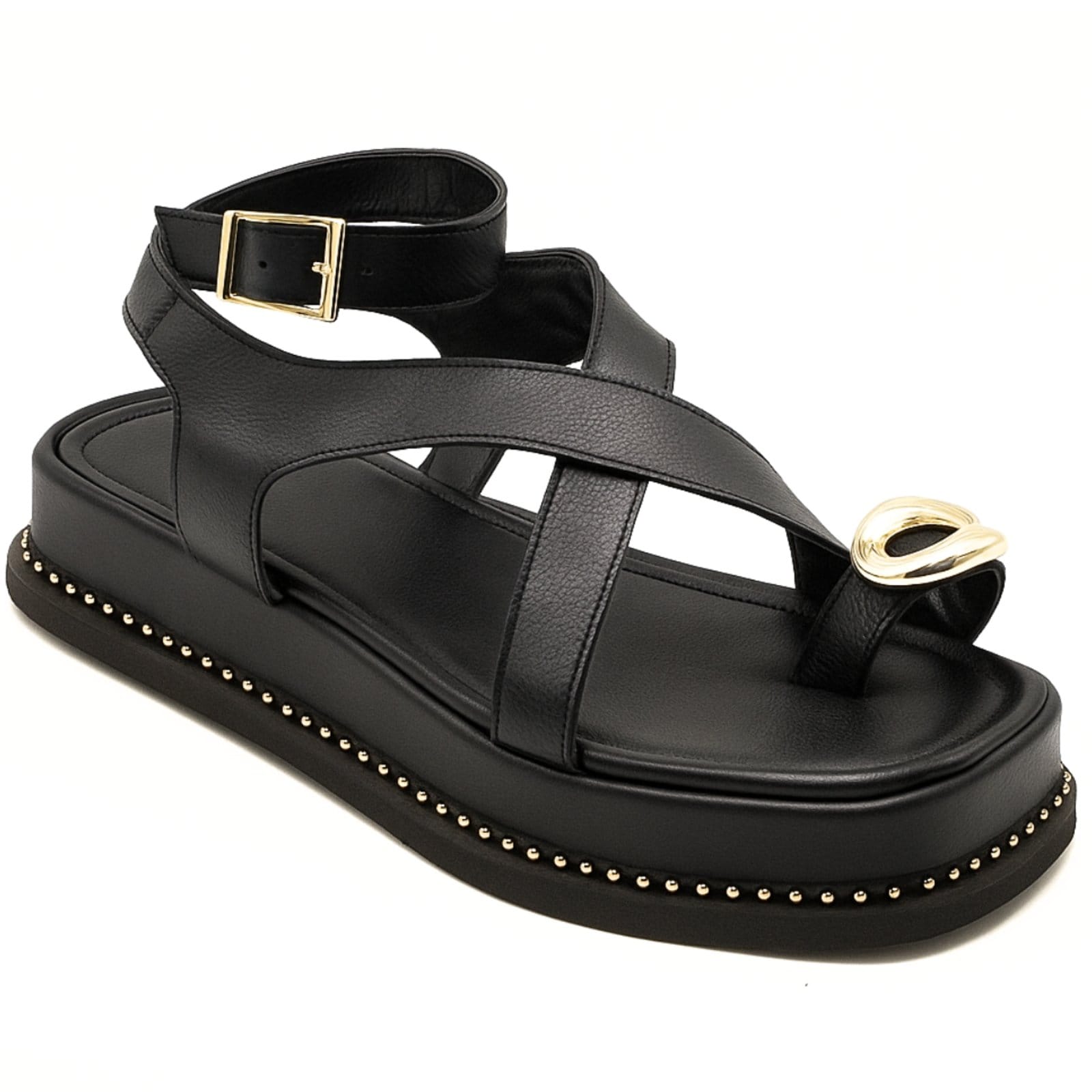 Sandália Flatform Papete Feminina Preta Anel de Dedo 23403
